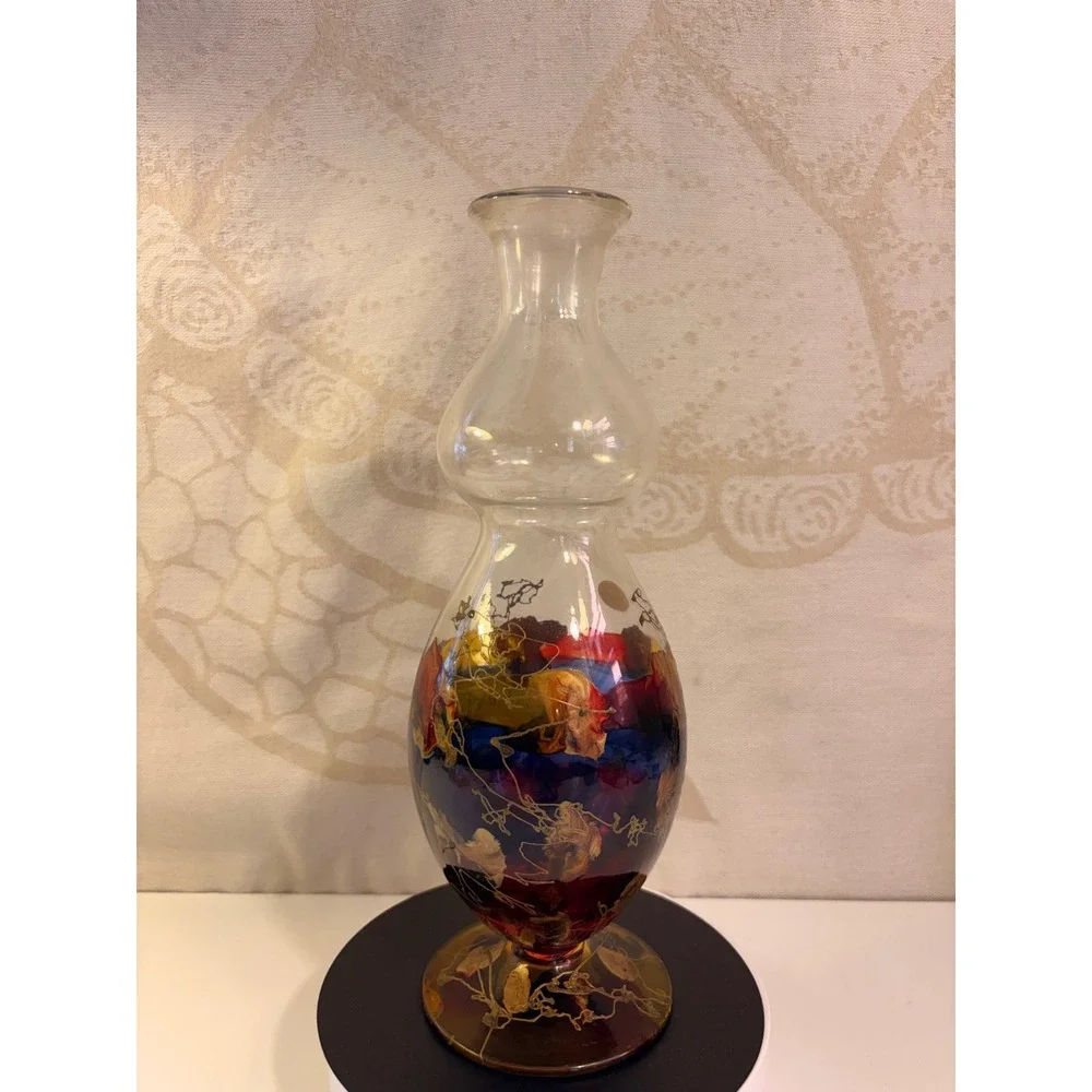 Vintage Romanian Hand Blown Art Glass Vase Double Bulbous Gold Filigree Abstract
